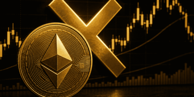 Moneda de eth, una cruz dorada y un gráfico genérico de trading.