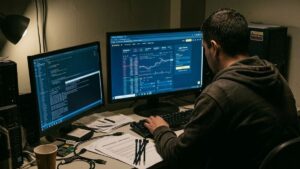Un hombre de espaldas trabajando en una computadora que muestra la interfaz de Binance y código de programación en un entorno oscuro.
