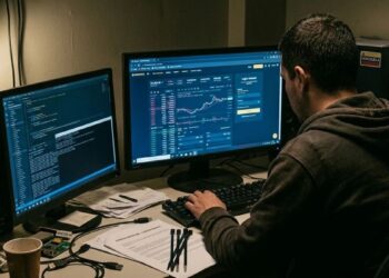 Un hombre de espaldas trabajando en una computadora que muestra la interfaz de Binance y código de programación en un entorno oscuro.