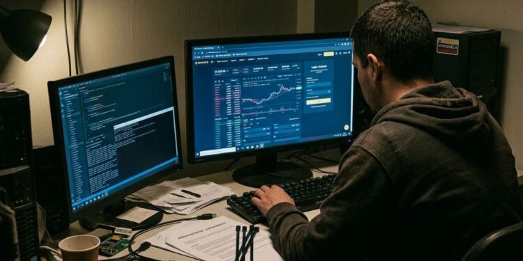 Un hombre de espaldas trabajando en una computadora que muestra la interfaz de Binance y código de programación en un entorno oscuro.