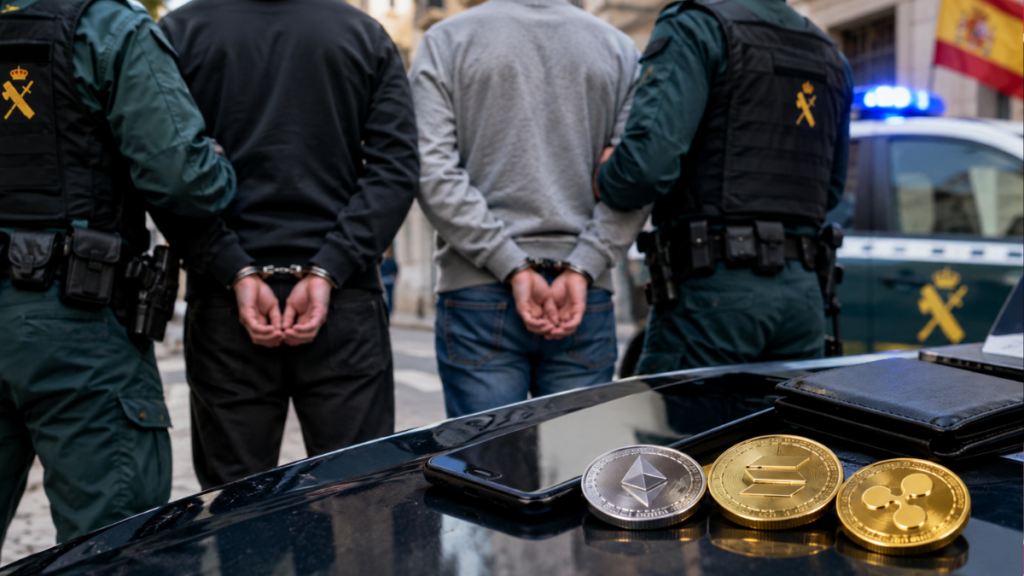 Dos personas esposadas custodiadas por la Guardia Civil junto a monedas físicas de criptomonedas Ethereum, Solana y XRP.