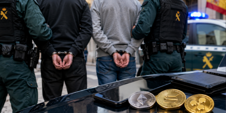 Dos personas esposadas custodiadas por la Guardia Civil junto a monedas físicas de criptomonedas Ethereum, Solana y XRP.