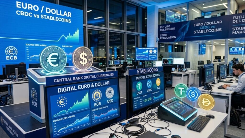 Euros y dólares digitales enfrentados contra stablecoins.