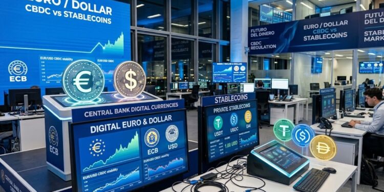 Euros y dólares digitales enfrentados contra stablecoins.