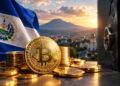 Un Bitcoin físico dorado sobre pilas de monedas de oro, con la bandera de El Salvador al fondo y una caja fuerte abierta a la derecha.