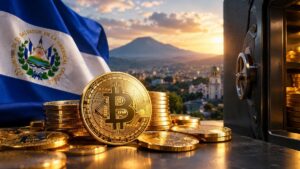 Un Bitcoin físico dorado sobre pilas de monedas de oro, con la bandera de El Salvador al fondo y una caja fuerte abierta a la derecha.