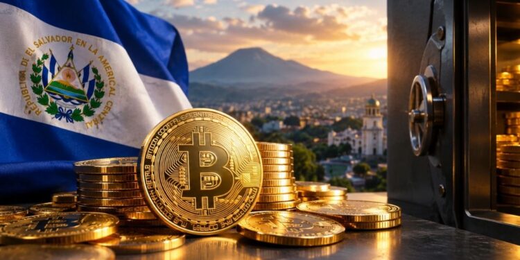 Un Bitcoin físico dorado sobre pilas de monedas de oro, con la bandera de El Salvador al fondo y una caja fuerte abierta a la derecha.