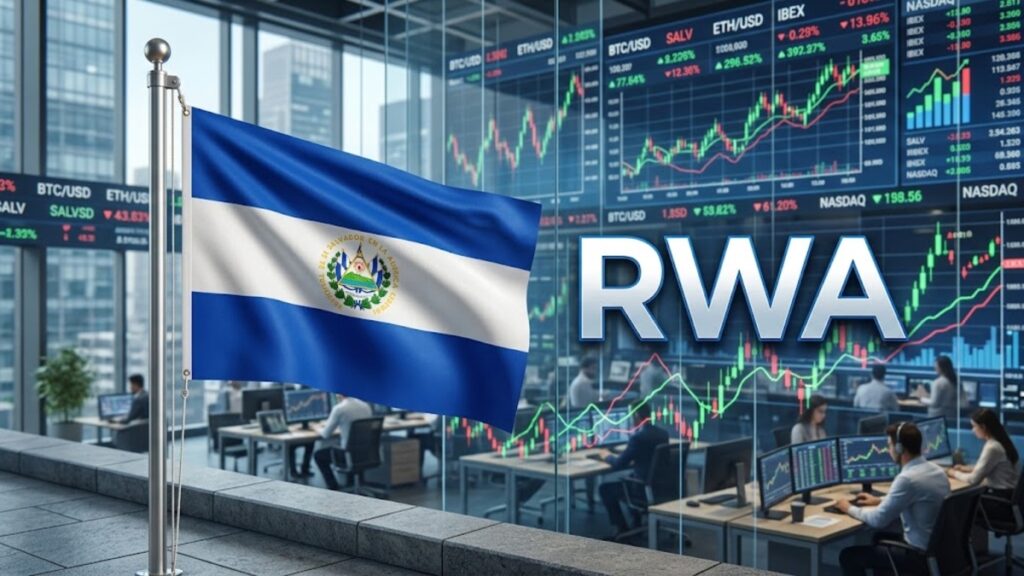 Bandera de El Salvador con gráficas de mercado en el fondo y la palabra RWA al lado.