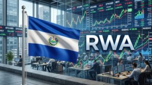 Bandera de El Salvador con gráficas de mercado en el fondo y la palabra RWA al lado.