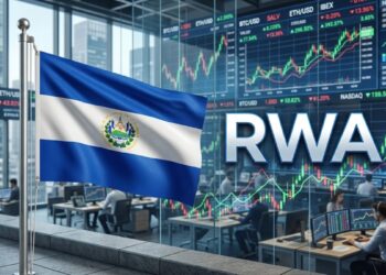 Bandera de El Salvador con gráficas de mercado en el fondo y la palabra RWA al lado.