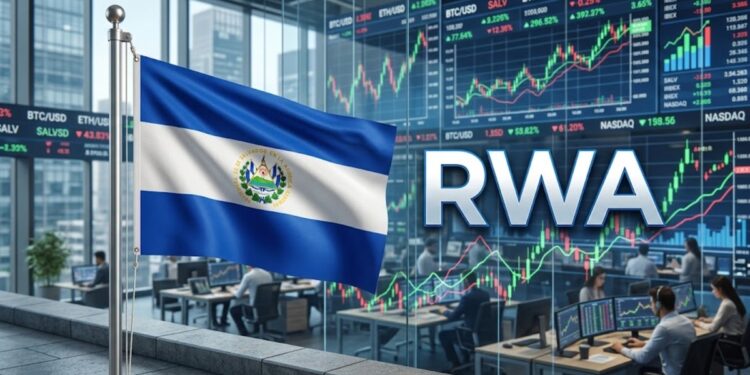 Bandera de El Salvador con gráficas de mercado en el fondo y la palabra RWA al lado.