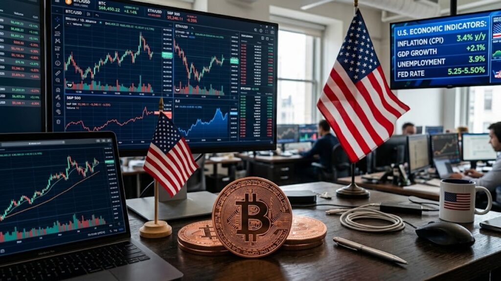 Bitcoin con gráficas de mercado mixtas en el fondo, bandera de EE. UU., datos económicos.