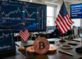 Bitcoin con gráficas de mercado mixtas en el fondo, bandera de EE. UU., datos económicos.