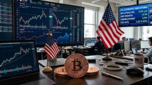 Bitcoin con gráficas de mercado mixtas en el fondo, bandera de EE. UU., datos económicos.