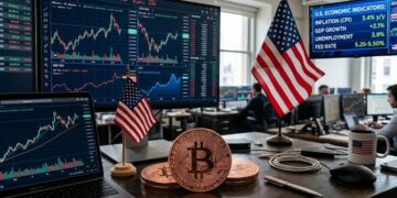 Bitcoin con gráficas de mercado mixtas en el fondo, bandera de EE. UU., datos económicos.