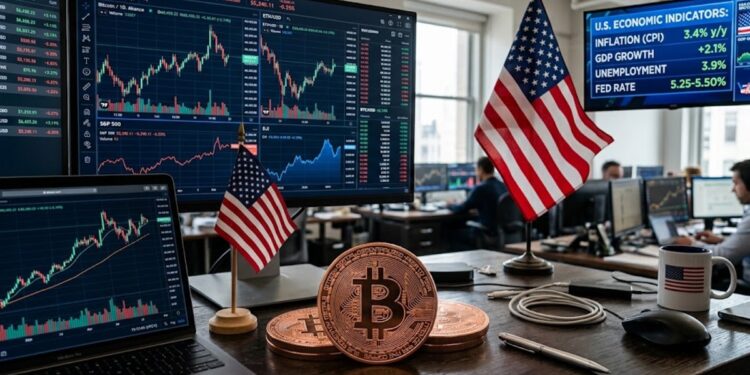 Bitcoin con gráficas de mercado mixtas en el fondo, bandera de EE. UU., datos económicos.