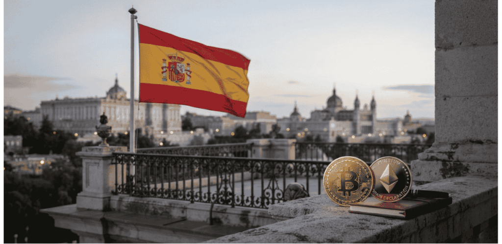 bandera de España, criptomonedas en una esquina inferior.