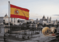 bandera de España, criptomonedas en una esquina inferior.