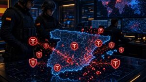 Dos oficiales militares españoles supervisan una red ciberespacial con iconos de la criptomoneda Tether sobre un mapa de España.