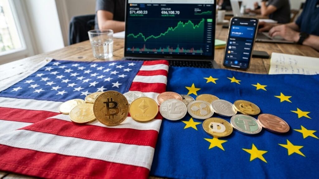 Criptomonedas sobre las banderas de EEUU y la UE.