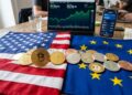 Criptomonedas sobre las banderas de EEUU y la UE.