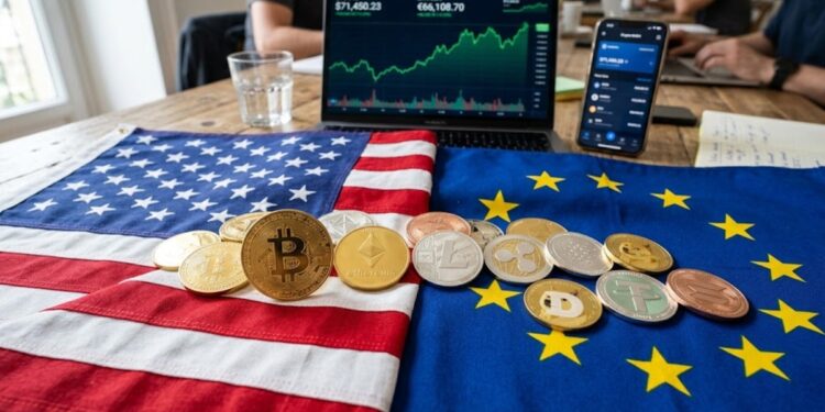 Criptomonedas sobre las banderas de EEUU y la UE.