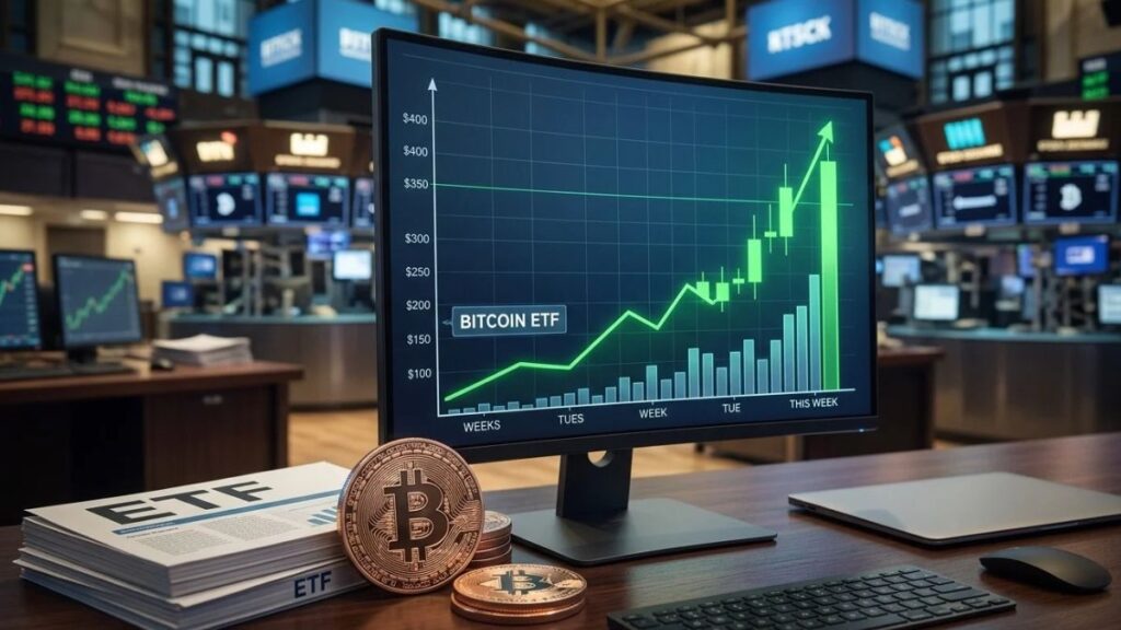 Monedas de Bitcoin y documentos sobre un escritorio con un gráfico alcista en pantalla y un fondo bursátil.