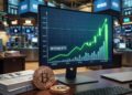 Monedas de Bitcoin y documentos sobre un escritorio con un gráfico alcista en pantalla y un fondo bursátil.