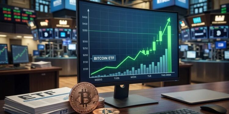 Monedas de Bitcoin y documentos sobre un escritorio con un gráfico alcista en pantalla y un fondo bursátil.