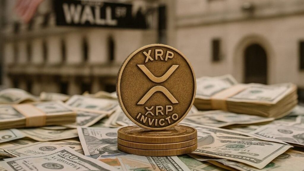 Moneda física de XRP dorada sobre billetes de dólares y el letrero de Wall Street.