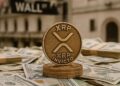 Moneda física de XRP dorada sobre billetes de dólares y el letrero de Wall Street.