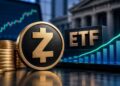 Moneda física de zcash junto a bloque con texto ETF, gráficos financieros ascendentes