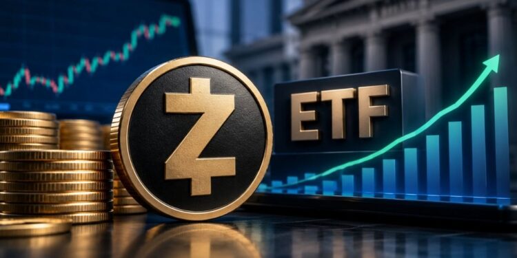 Moneda física de zcash junto a bloque con texto ETF, gráficos financieros ascendentes