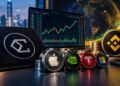 Monedas con logos de Apple, Tesla, Binance y gráficos de trading.