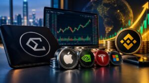 Monedas con logos de Apple, Tesla, Binance y gráficos de trading.
