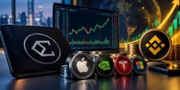 Monedas con logos de Apple, Tesla, Binance y gráficos de trading.