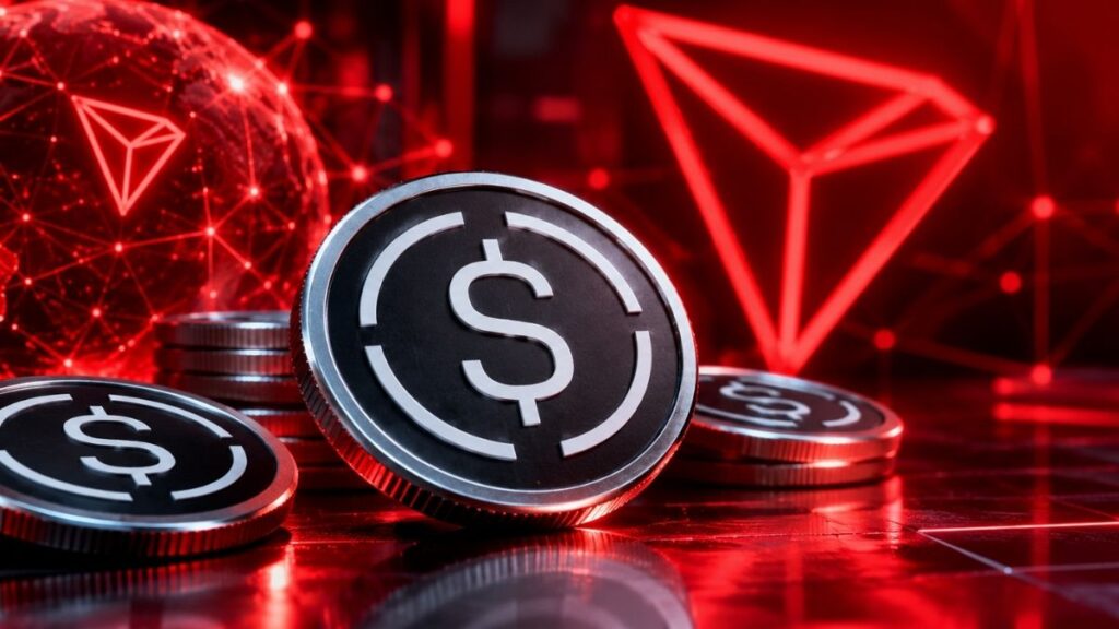 Monedas físicas con el logo de USDe y el logotipo de TRON sobre un fondo rojo digital de alta tecnología.