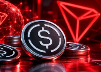 Monedas físicas con el logo de USDe y el logotipo de TRON sobre un fondo rojo digital de alta tecnología.
