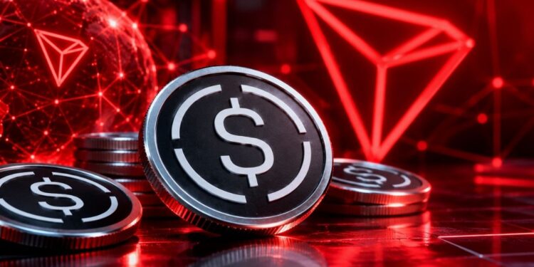 Monedas físicas con el logo de USDe y el logotipo de TRON sobre un fondo rojo digital de alta tecnología.