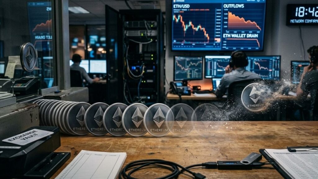 Monedas físicas de Ethereum en un entorno de exchange de criptomonedas disolviéndose gradualmente en el aire.