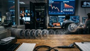 Monedas físicas de Ethereum en un entorno de exchange de criptomonedas disolviéndose gradualmente en el aire.