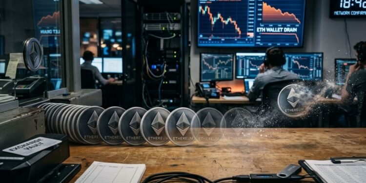 Monedas físicas de Ethereum en un entorno de exchange de criptomonedas disolviéndose gradualmente en el aire.
