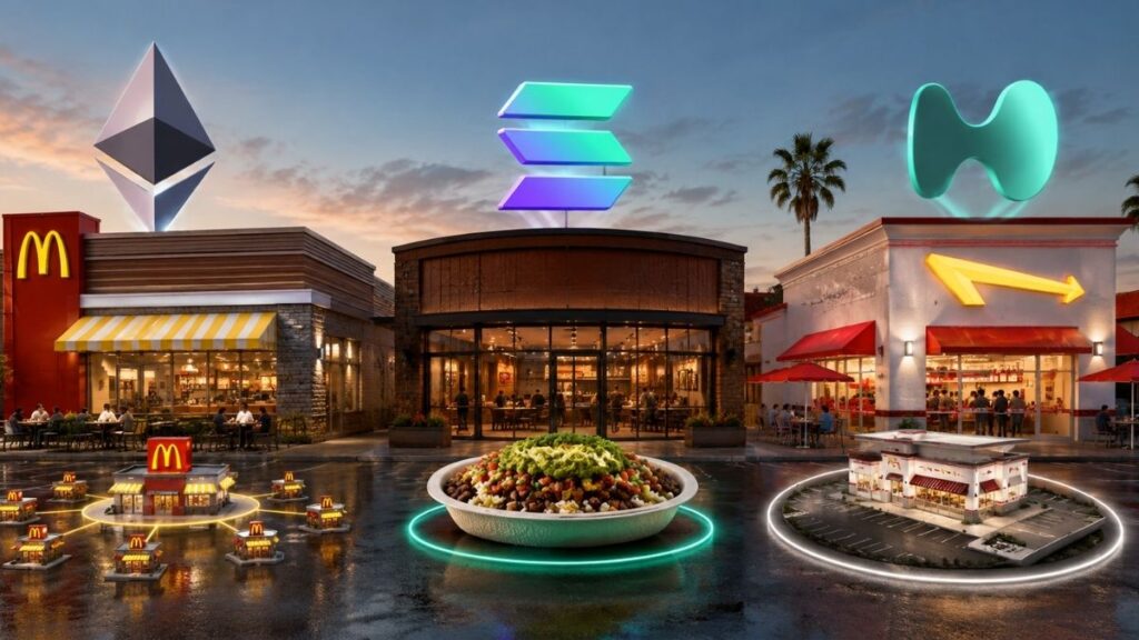 Logotipos de las redes Ethereum, Solana y Hyperliquid flotando sobre restaurantes de McDonald's, Chipotle e In-N-Out.