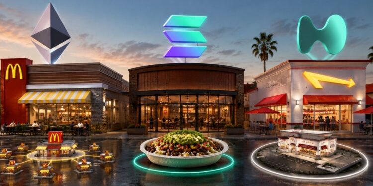 Logotipos de las redes Ethereum, Solana y Hyperliquid flotando sobre restaurantes de McDonald's, Chipotle e In-N-Out.