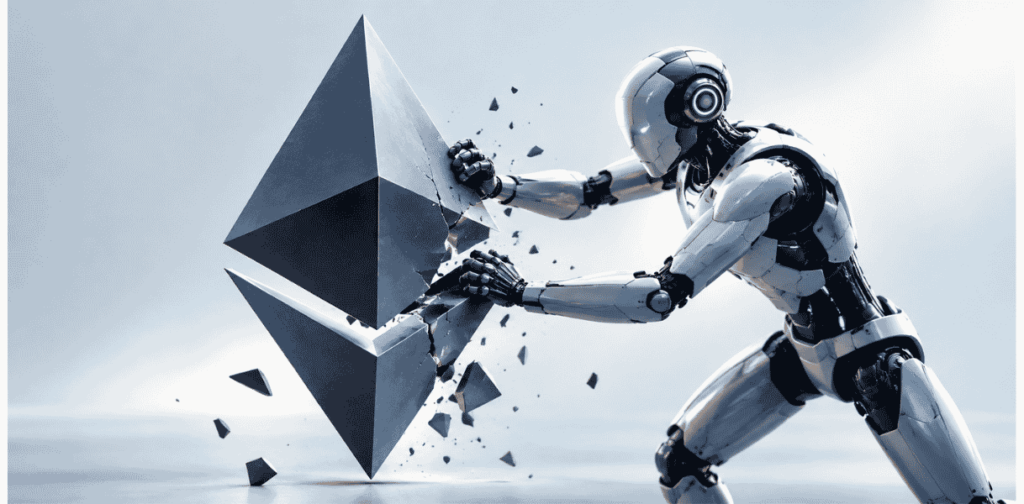 Un robot atacando el símbolo de Ethereum.