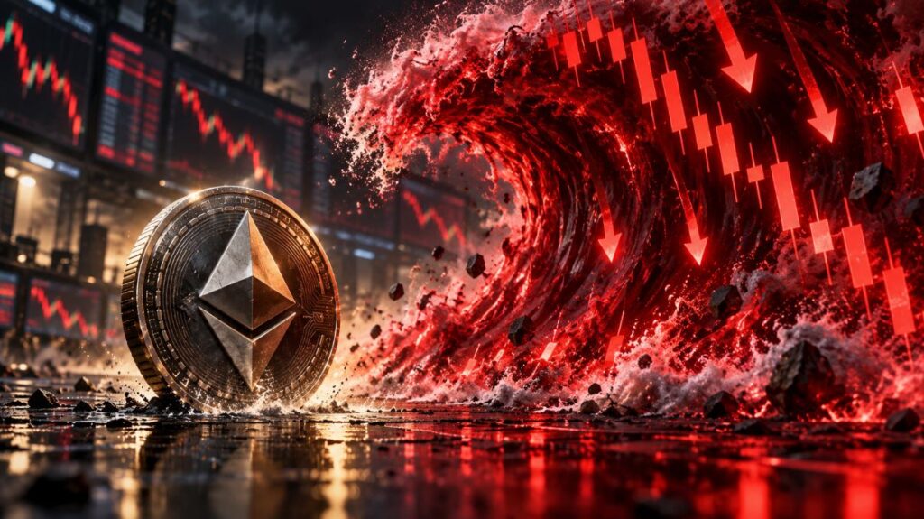 Una moneda física de ether delante de una ola roja.