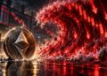 Una moneda física de ether delante de una ola roja.