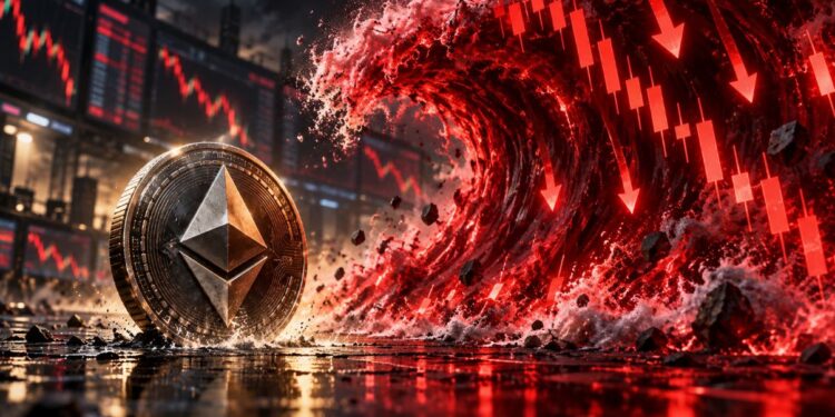 Una moneda física de ether delante de una ola roja.