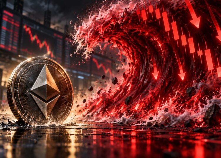 Una moneda física de ether delante de una ola roja.