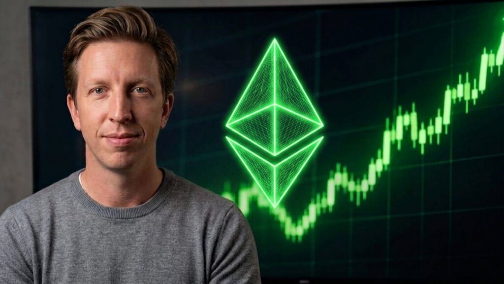 Ted Pillows junto a una pantalla con un gráfico financiero verde en ascenso y el símbolo neón de Ethereum.